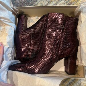 New in box dark purple leather metallic booties